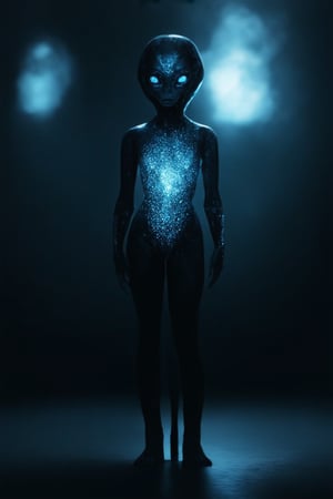 A lone figure, a girl with an otherworldly aura, stands tall in a blurry, indistinct environment. Her upper body is the focal point, illuminated by an ethereal glow emanating from her eyes, which radiate an intense, pulsing light. The blurred background adds to the sense of mystery and isolation, as she embodies the essence of science fiction's most enigmatic alien species.