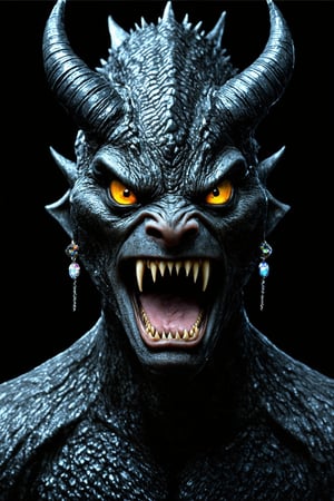 A mesmerizing portrait of a solo monster, gazing directly at the viewer with an open mouth, showcasing its razor-sharp teeth and vibrant yellow eyes with colored sclera. The subject's horned head is adorned with sparkling jewelry, including earrings that glint in the dim light. Against a black background, the monster's scales seem to shimmer, drawing the viewer's attention to its menacing yet fascinating presence.