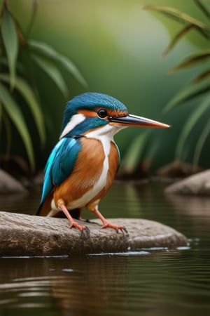 close up angle of, , ((),(3d Kingfisher in md air)) surrounded by jungle( waters), bird, detailed focus, deep bokeh, beautiful, , bight vib background. Visually delightful, 3D