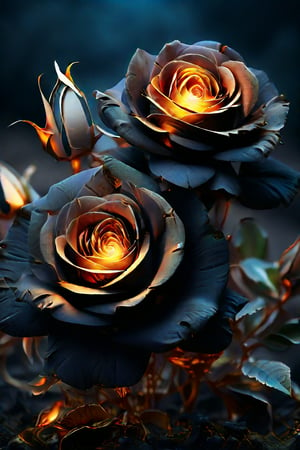 cinematic photo breathtaking hyperrealistic art A digital illustration combining elements of two images: a scene of black, charred roses with faetastic Glowing  embers amidst a dark, ash-covered ral-oilspill ground, and an shiny intricate  fractal design resembling a ral-polishedsteel golden flower with complex patterns and details. The composition blends the dark, burnt elements with the bright, glossy elegant fractal flower, creating a dramatic and surreal visual effect with high contrast and day-glo details. Extremely high-resolution details, photographic, realism pushed to extreme, fine texture, incredibly lifelike . award-winning, professional, highly detailed . 35mm photograph, film, bokeh, professional, 4k, highly detailed