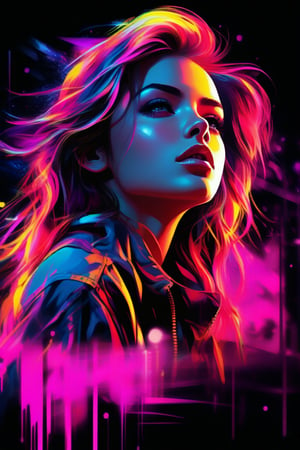 cover painting banner a girl with neon hair, neon cloth, car, black background, contact eyes, best quality