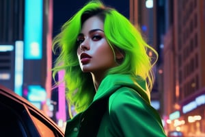 cover painting banner a girl with green neon hair, green cloth, car, city, street, contact eyes, best quality