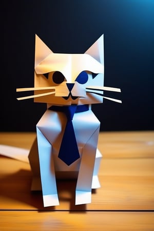 cat made of paper, cat with tie, close up, textured paper, on wooden table, fluorescent, glowing dust