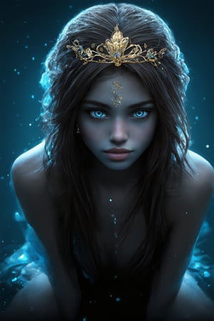 A mesmerizing portrait of a single girl with striking features. She sits proudly, her long, dark locks cascading down her back like a waterfall of night. Her piercing blue eyes lock onto the viewer's gaze, as if sharing a secret. A delicate hair ornament adorns her crown, drawing attention to her radiant lips and pert nose. Her glowing complexion is a warm, golden brown, accented by a subtle blue undertone that complements her mystical aura. The overall mood is one of ethereal serenity, set against a serene blue background that seems to emanate from the very essence of her being.