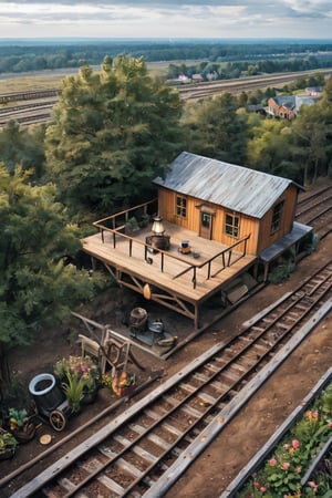 (8k, RAW photo, best quality, masterpiece:1.3), realistic, miniature,landscape, no humans, blurry, scenery, cup, stairs, plant, depth of field, artist name, ladder, table, ground vehicle, mug, motor vehicle, from above, outdoors, barrel, english text, chair, lamp, coffee, railroad tracks, building, tree, potted plant, ,isometric style,
