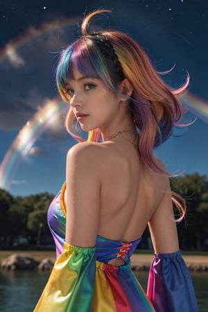 ((extremely detailed CG)),((8k_wallpaper)),(((masterpiece))),((best quality)),watercolor_(medium),((beautiful detailed starry sky)),cinmatic lighting,loli,princess,very long rainbow hair,side view,looking at viewer,full body,frills,(far from viewer),((extremely detailed face)),((an extremely delicate and beautiful girl)),((extremely detailed cute anime face)),((extremely detailed eyes)),(((extremely detailed body))),(ultra detailed),illustration,((bare stomach)),((bare shoulder)),small breast,((sideboob)),((((floating and rainbow hair)))),(((Iridescence and rainbow hair))),(((extremely detailed sailor dress))),((((Iridescence and rainbow dress)))),(Iridescence and rainbow eyes),beautiful detailed hair,beautiful detailed dress,dramatic angle,expressionless,(big top sleeves),frills,blush,(ahoge)