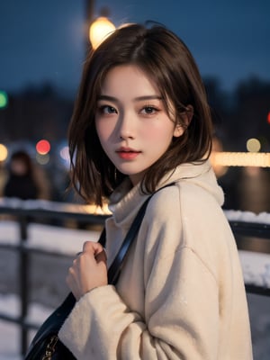 masterpiece, realistic, best quality, beauty girl in city, hloding bag, looking at viewer, winter clothes, cute, solo, brown hair, brown eyes, depth of field, night, realistic, porses,skin detail, acne, detail eyes, (masterpiece,best quality:1.5)