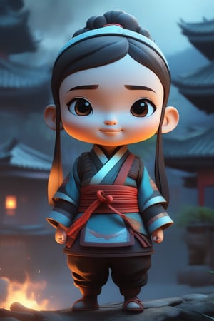 avatar cute, adorable girl, full body, chibi, a woman in authentic ninja uniform| burning village in the background| smoke| Full body| centered| key visual| highly detailed| breathtaking beauty| volumetric fog| comprehensive cinematic| dynamic pose| artgerm| anna dittmann | dusk| cinematic lighting|