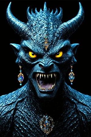 A mesmerizing portrait of a solo monster, gazing directly at the viewer with an open mouth, showcasing its razor-sharp teeth and vibrant yellow eyes with colored sclera. The subject's horned head is adorned with sparkling jewelry, including earrings that glint in the dim light. Against a black background, the monster's scales seem to shimmer, drawing the viewer's attention to its menacing yet fascinating presence.