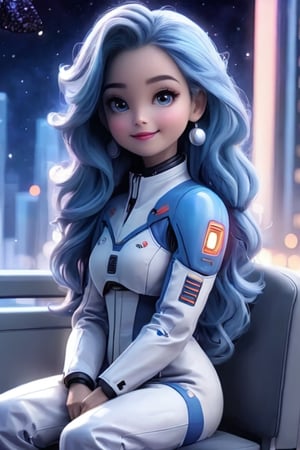 A beautiful girl with blue hair in a spacesuit, sitting on a chair, against the background of the night city. 16k,hyperdetalization,disney pixar style,Disney pixar style,anime