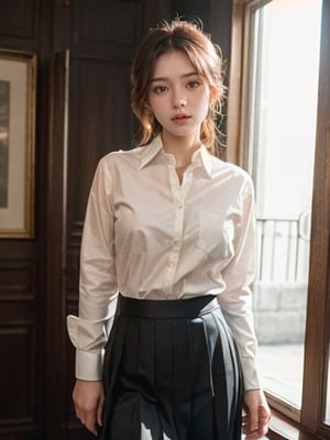 (masterpiece,best quality:1.5),ultra realistic,32k,RAW photo,(high detailed skin:1.2), 8k uhd, dslr, soft lighting, high quality, film grain,lots of details ,pleated skirt , button down shirt ,pretty lady , royal style, gold  accessories,, 1girl, anime