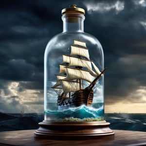 The galleon is inside a glass bottle filled with water, dark clouds, waterspouts,photorealistic, masterpiece, surrealistic, details, 8k 