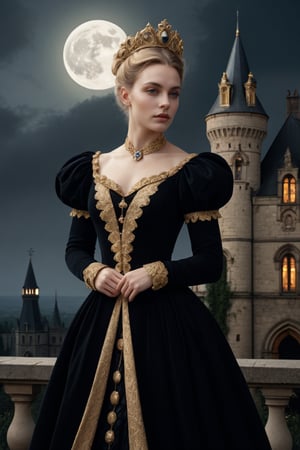 Elegantism, opulent scene, full portrait of a Victorian lady, heroic, black clothes, gold trim, full moon, castle, head and shoulders portrait, 8k resolution. (masterpiece, top quality, best quality, official art, beautiful and aesthetic:1.2), (1girl:1.4), upper body, blonde hair, portrait, extreme detailed, in the style of esao andrews
