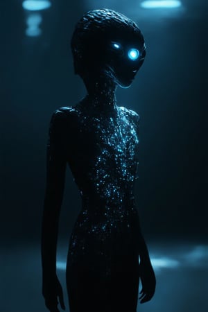A lone figure, a girl with an otherworldly aura, stands tall in a blurry, indistinct environment. Her upper body is the focal point, illuminated by an ethereal glow emanating from her eyes, which radiate an intense, pulsing light. The blurred background adds to the sense of mystery and isolation, as she embodies the essence of science fiction's most enigmatic alien species.