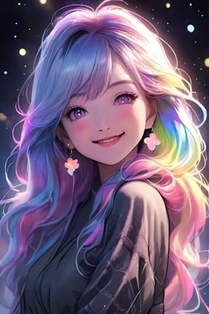 very dark nightly closeup of a hot beautiful anime girl smiling, in japan, pastel rainbow hair, ambient light, realistic textures, clear shadows, sparkling, glistening, fantastical