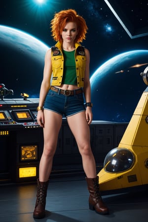 masterliece, high quality, high_res, 8K, 
sci_fi setting, cosmo opera, beautiful  ginger woman as cosmo pirate in punk style, green t_shirt, yellow vest, denim shorts, boots. space ship background, fusion intricate style from Cowboy Bibop anime and pretentious atmosphere from Mass Effect videogame, detailed background, sharp focus, contrast lighting, detailed eyes