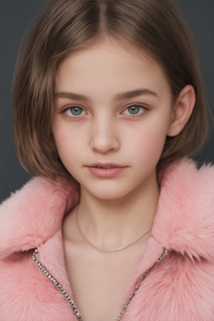 A close-up shot of a young girl with short, choppy brown hair and striking blue eyes, wearing a vibrant pink jacket with fur trim. Her messy hair is slightly tousled, framing her parted lips. A delicate piece of jewelry adorns her neck. The focus is solely on her upper body, blurring the background. Her gaze is direct, inviting the viewer's attention. The overall effect is one of bold, youthful confidence.