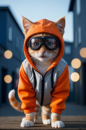 Movie still ((BBC style)) photo of cute orange kitten Kitten Gangster in (wildlife), in the air, suspended by parachute, goggles, expression super happy, having fun, baseball cap, sweatpants, hooded shirt, white and gray fur, thick fur, blue eyes, shallow depth of field, vignette, highly detailed, high budget, bokeh, wide format cinema, moody, epic, gorgeous, film grain, grainy, high quality photography, 3 Spot lighting, softbox flash, 4k, Canon EOS R3, hdr, smooth, sharp focus, high resolution, award-winning action photos, jump shots, 50mm, wide angle shot, away from camera, full length, f2.8, bokeh, side view