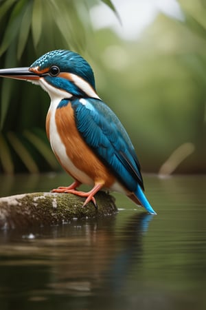 close up angle of, , ((),(3d Kingfisher in md air)) surrounded by jungle( waters), bird, detailed focus, deep bokeh, beautiful, , bight vib background. Visually delightful, 3D
