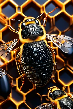 Honeybee made out of black diamonds, honeycomb shimmering glistening black diamonds that twinkle, honey falling to the grounds, gold string ties it all together, p1nkblackd1am0nds, enhanced textures, creative, beautiful, vibrant, masterpiece, 8k, ultra HD, ultra-detailed, amazing quality, amazing artist, sharp edges, detailed textures, full view, atmospheric lighting, amazing visuals