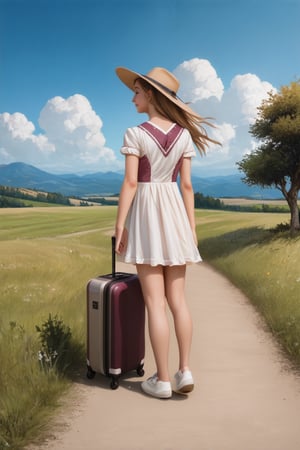 detailed landscape, 1girl, on a path, holding suitcase, noble dress, from back, facing away the viewer, long shot, blonde hair, long hair, hair with wind, looking at viewer, smiling, countryside, flat landscape, tree, outdoors, fantasy, blue sky, clouds, sunny, hat, cgi, masterpiece, best quality, very aesthetic, absurdres,