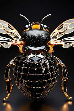 Honeybee made out of black diamonds, honeycomb shimmering glistening black diamonds that twinkle, honey falling to the grounds, gold string ties it all together, p1nkblackd1am0nds, enhanced textures, creative, beautiful, vibrant, masterpiece, 8k, ultra HD, ultra-detailed, amazing quality, amazing artist, sharp edges, detailed textures, full view, atmospheric lighting, amazing visuals