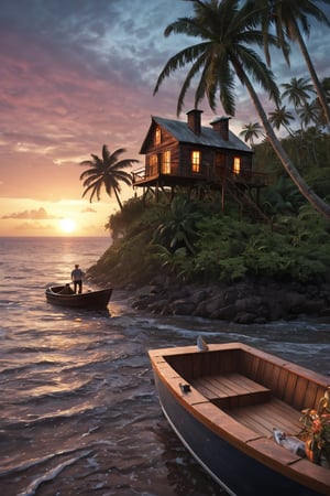 close up angle of, a serene tropical sandy beach, wavy wave, palm trees, beach vaggies, shall and plant, and boat, ((zoom focus on boat)), old simple rustic old wooden house, sunset background, detailed background, surrounded by jungle, insect, detailed focus, deep bokeh, beautiful, dark cosmic background. Visually delightful , 3D, more detail XL,chibi