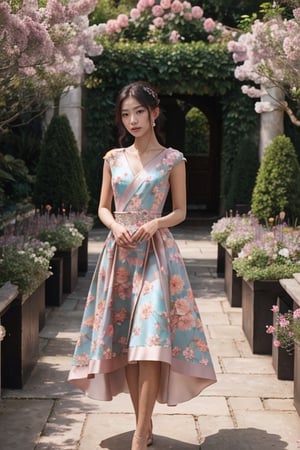 Generate hyper realistic image of an asian woman in a couture garden party dress in pastel hues, the intricate floral patterns matching the vibrant blooms around her. Place her in an enchanting botanical garden, exuding sophistication.((upper body)),1 girl,kimyojung
