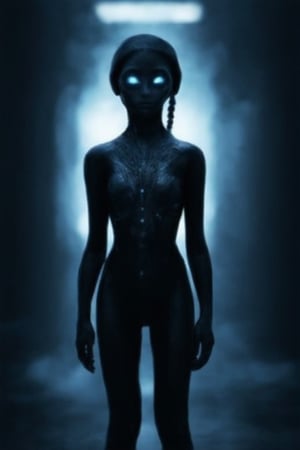 A lone figure, a girl with an otherworldly aura, stands tall in a blurry, indistinct environment. Her upper body is the focal point, illuminated by an ethereal glow emanating from her eyes, which radiate an intense, pulsing light. The blurred background adds to the sense of mystery and isolation, as she embodies the essence of science fiction's most enigmatic alien species.