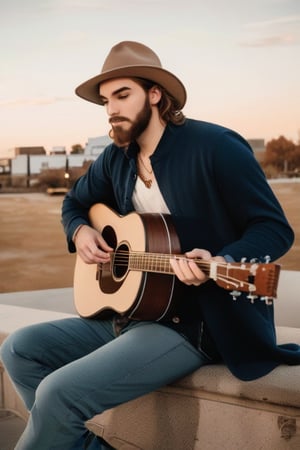 solo, brown hair, 1boy, hat, sitting, male focus, outdoors, facial hair, instrument, beard, music, guitar, playing instrument, acoustic guitar