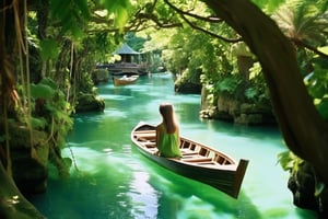 A serene island landscape: a young girl sitting on a wooden boat, surrounded by lush greenery of vines and towering trees. 