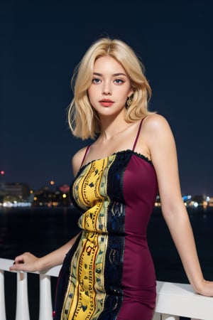 Beautiful blonde woman with freckles, wearing a colorful, vibrant, detailed embroidered dress, medium-full shot, at night, realistic,