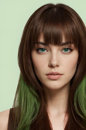 1woman, ((blank background)), vibrant colors, head and shoulders portrait, long_hair, pale, bangs, green_eyes, warrior, large forhead