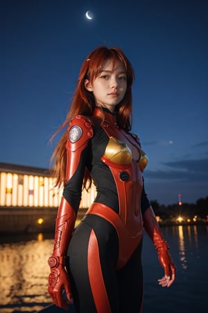 nijiMecha,lora:nijiMecha:0.85,(best quality, masterpiece, colorful, dynamic angle, highest detailed)(Asuka Langley),upper body photo,fashion photography of cute red long hair girl (Asuka Langley),dressing high detailed Evangelion red suit (high resolution textures),in dynamic pose,bokeh,(intricate details, hyperdetailed:1.15),detailed,moonlight passing through hair,perfect night,(fantasy art background),(official art, extreme detailed, highest detailed),HDR+