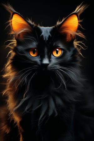 black fluffy gorgeous dangerous cat animal creature, large orange eyes, big fluffy ears, piercing gaze, full moon, dark ambiance, best quality, extremely detailed
