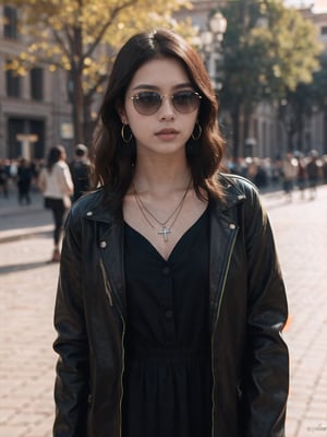 Background is St. Peter’s Square in the Vatican,
18 yo, 1 girl, beautiful korean girl,standing in the center of square,wearing black dress, leather bike jaket,sunglasses, cloth blowing by wind,
solo, {beautiful and detailed eyes}, dark eyes, calm expression, delicate facial features, ((model pose)), Glamor body type, (dark hair:1.2),very_long_hair, hair past hip,curly hair,bangs,
simple tiny necklace,simple tiny earrings, flim grain, realhands, masterpiece, Best Quality, 16k, photorealistic, ultra-detailed, finely detailed, high resolution, perfect dynamic composition, beautiful detailed eyes, eye smile, ((nervous and embarrassed)), sharp-focus, full_body, cowboy_shot, ,GothGal,0ff1c3_3,bzsohee