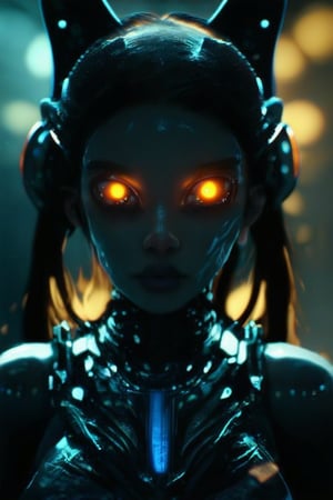 1girl, solo, upper body, blurry, blurry background, glowing, glowing eyes, science fiction, alien