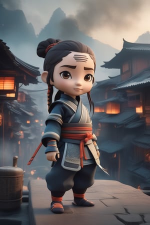 avatar cute, adorable girl, full body, chibi, a woman in authentic ninja uniform| burning village in the background| smoke| Full body| centered| key visual| highly detailed| breathtaking beauty| realistic| volumetric fog| comprehensive cinematic| dynamic pose| artgerm| anna dittmann | best quality| dusk| cinematic lighting|