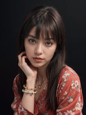 (Masterpieces,highest quality,8k,realistic hyper - detail,absurdres,), 1girl,solo,black hair,long hair,jewelry,bangs,looking at viewer,blunt bangs,grey eyes,branch,bracelet,upper body,ring,flower,lips,straight hair,hand up,closed mouth,black background,red lips,japanese clothes,beads,long sleeves