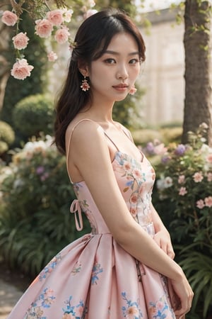 Generate hyper realistic image of an asian woman in a couture garden party dress in pastel hues, the intricate floral patterns matching the vibrant blooms around her. Place her in an enchanting botanical garden, exuding sophistication.((upper body)),1 girl,kimyojung
