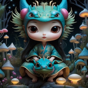   ultra highly detailed, , cinematic, 32k,  Asian folklore,  detailed  ink, acrylic,  by Craola,  Nicoletta Ceccoli, Beeple, Jeremiah Ketner  Todd Lockwood, storybook illustration,  cute  vivid tiny   Yokai  fairy   girl  and  perfect  Asian  ghost dragon , extremely big sharp  glowing   eyes,  meadow, forest,  night, ,stars, starry sky, fairytale,  storybook,   mystical, highly detailed unusual  highly detailed, intricated, intricated pose,   masterpiece, high quality, ultra details, small detailing,vibrant colors, complex patterns , unreal engine 