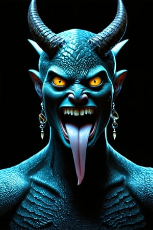 solo, looking at viewer, open mouth, simple background, jewelry, yellow eyes, earrings, horns, teeth, tongue, no humans, sharp teeth, black background, colored sclera, monster, scales