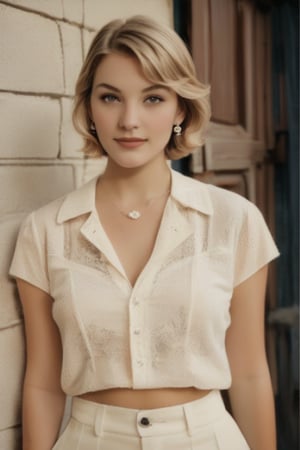 vintage photograph from the year 1920, sepia color, deteriorated image, an 18-year-old woman, short blonde hair combed back, sensual lips, earrings, fashionable makeup, white shirt, 1920s, downblouse, nipslip, fashion pants.