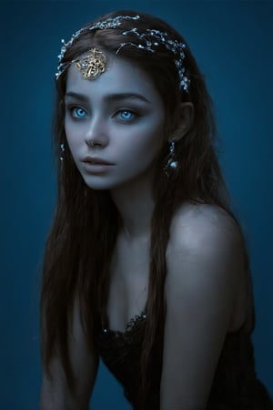 A mesmerizing portrait of a single girl with striking features. She sits proudly, her long, dark locks cascading down her back like a waterfall of night. Her piercing blue eyes lock onto the viewer's gaze, as if sharing a secret. A delicate hair ornament adorns her crown, drawing attention to her radiant lips and pert nose. Her glowing complexion is a warm, golden brown, accented by a subtle blue undertone that complements her mystical aura. The overall mood is one of ethereal serenity, set against a serene blue background that seems to emanate from the very essence of her being.