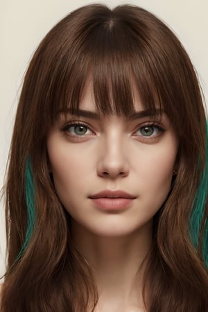 1woman, ((blank background)), vibrant colors, head and shoulders portrait, long_hair, pale, bangs, green_eyes, warrior, large forhead
