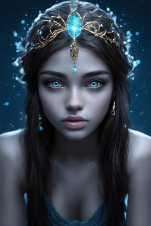 A mesmerizing portrait of a single girl with striking features. She sits proudly, her long, dark locks cascading down her back like a waterfall of night. Her piercing blue eyes lock onto the viewer's gaze, as if sharing a secret. A delicate hair ornament adorns her crown, drawing attention to her radiant lips and pert nose. Her glowing complexion is a warm, golden brown, accented by a subtle blue undertone that complements her mystical aura. The overall mood is one of ethereal serenity, set against a serene blue background that seems to emanate from the very essence of her being.