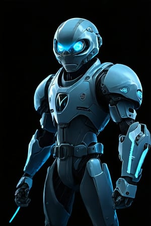 solo, blue eyes, 1boy, male focus, armor, glowing, helmet, glowing eyes, science fiction, alien, power armor, arm blade