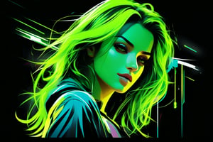 cover painting banner a girl with green neon hair, green cloth, car, black background, contact eyes, best quality