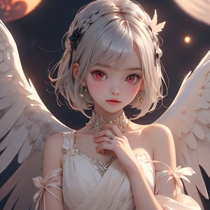 (rising sun background:1.3), (kawaii, tiny angel girl, emo girl, fluffy dress, silver hair, angel ring, red eyes, Flying, looking at viewer:1.2)