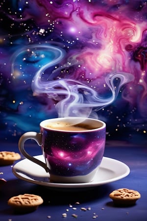 enchanting scene, a steaming cup of coffee, the liquid within the cup forms a swirling cosmic galaxy, The coffee surface is a mesmerizing mix of deep purples and blues and pinks dotted with stars and nebulae, fit the vastness of space inside the cup, The cup rests on a saucer that reflects the celestial patterns, surrounded by tiny star-shaped cookies and cosmic-themed decorations, The atmosphere is magical and dreamy,vivid color